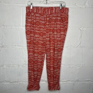 Free People Women's Linen Blend Orange Printed Ankle Boho Summer Pants Size 6